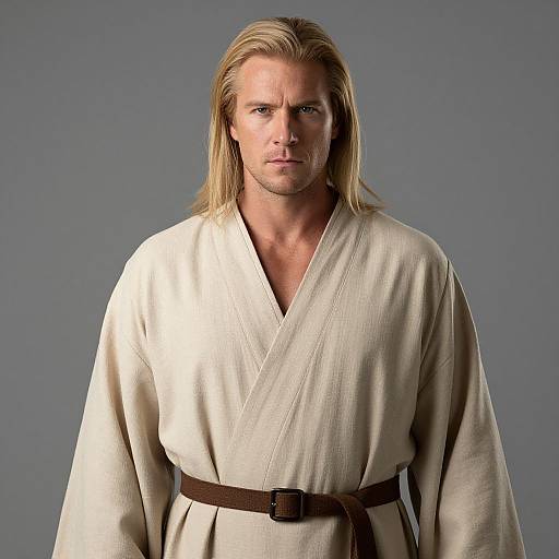 Serious Blonde Man in Beige Robe