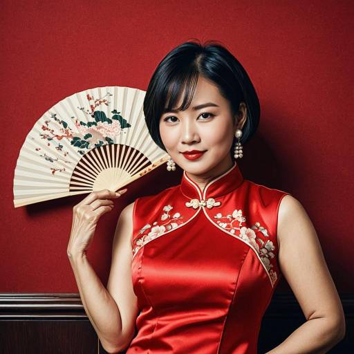 Elegant Asian Woman in Red Cheongsam with Fan