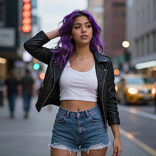 Confident Purple-Haired Latina in Urban Night