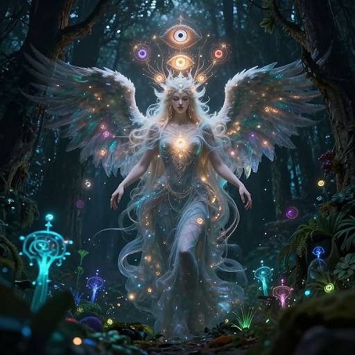 Digital fantasy artwork of a celestial angelic woman with glowing eyes, white wings, and a luminous dress, floating in a dark, enchanted forest with