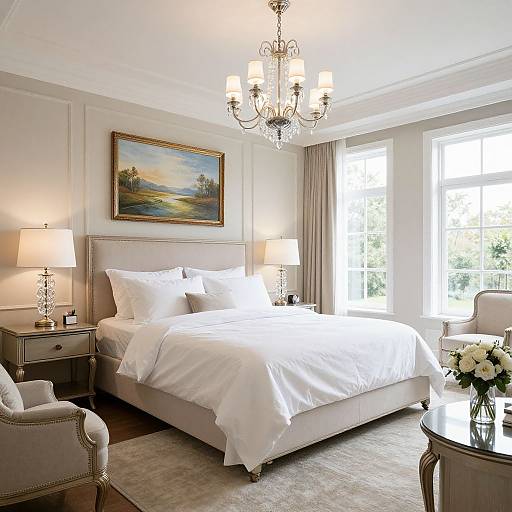 Elegant bedroom photograph: beige upholstered bed, white linens, crystal chandelier, two lamps, landscape painting, beige armchair, flower vase