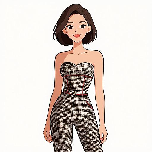 Digital illustration of a smiling woman with short black hair, wearing a strapless, black-and-white checkered jumpsuit, standing against a plain white background