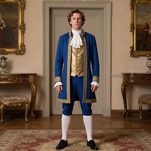 Photograph of a young white man with curly brown hair, wearing an 18th-century blue coat with gold trim, white cravat, gold