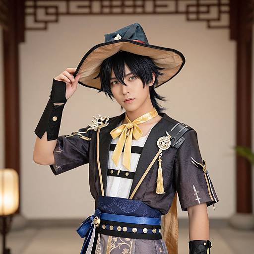 Photograph of an Asian cosplayer in a black and gold traditional-style outfit with a wide-brimmed hat, adjusting it, set in a traditional