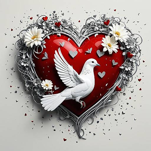 Crimson Heart with Dove and Bouquet