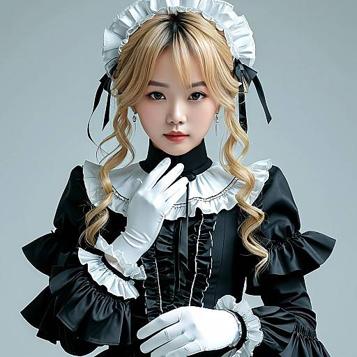 Digital anime-style photograph of a young Asian woman in a black and white French maid outfit with blonde pigtails, white gloves, and ruffled head