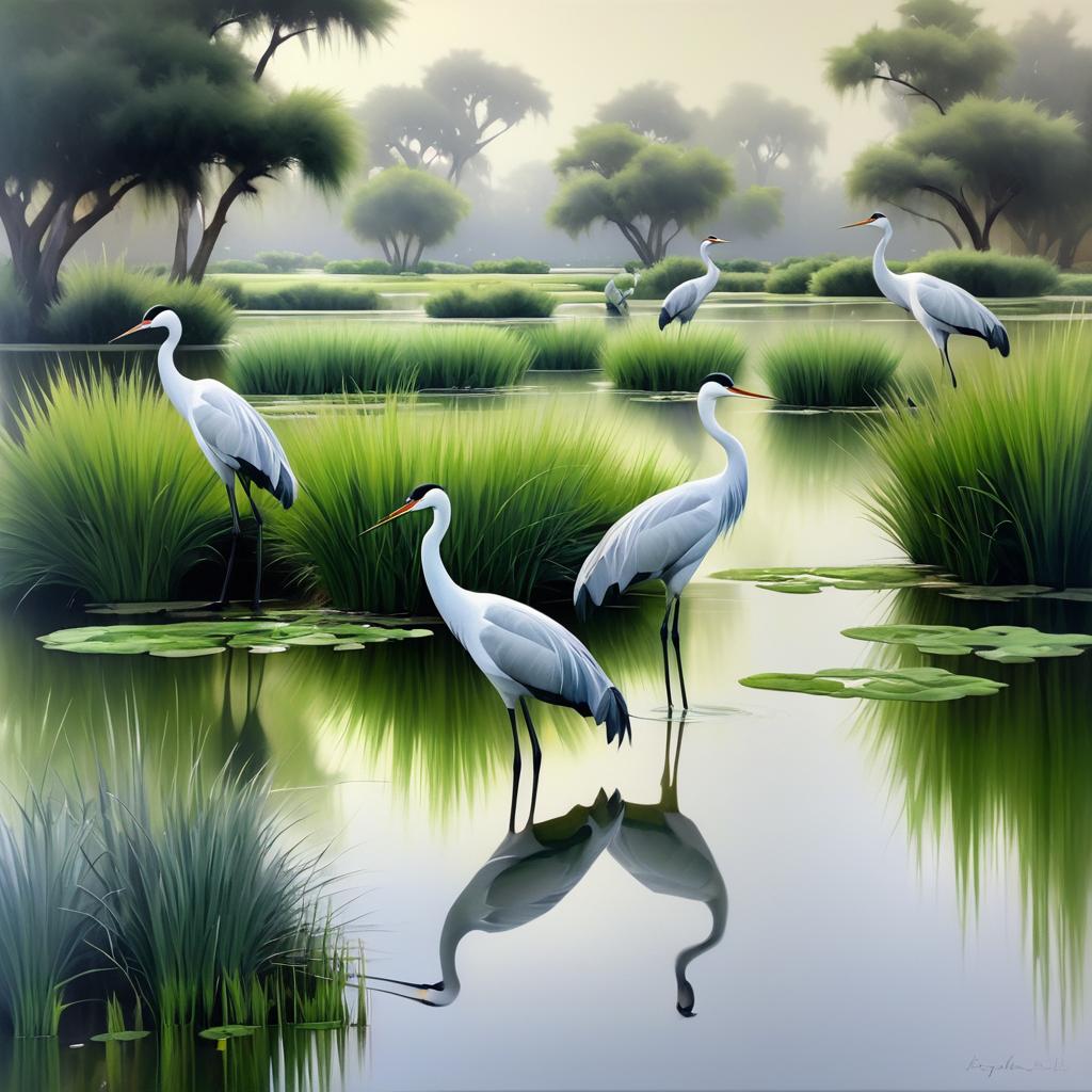 Elegant Cranes in a Serene Pond