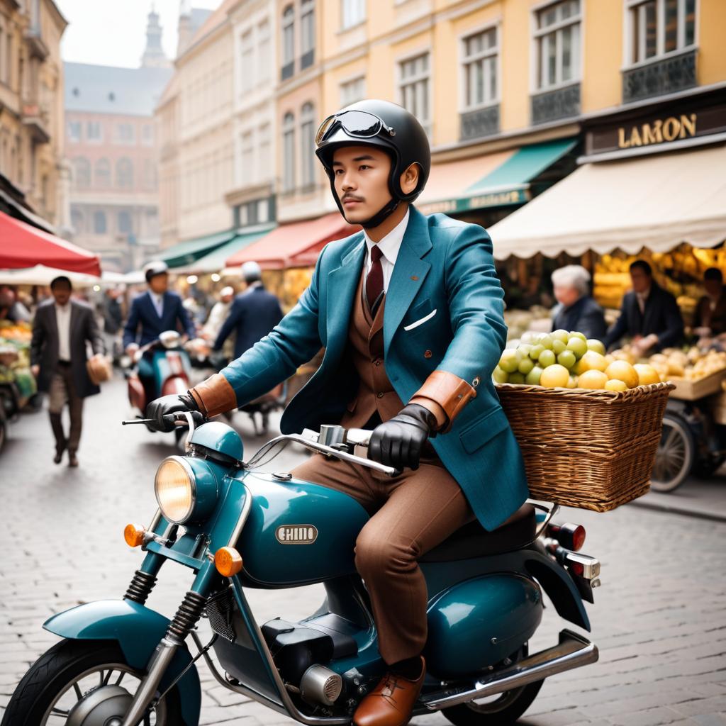 Vintage Moped Rider in Bustling Market