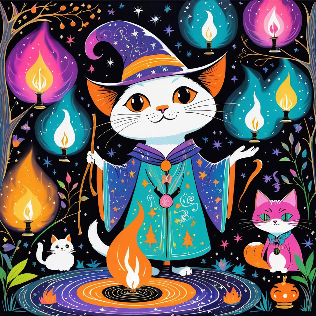 Whimsical Wizard Cat in Vibrant Forest