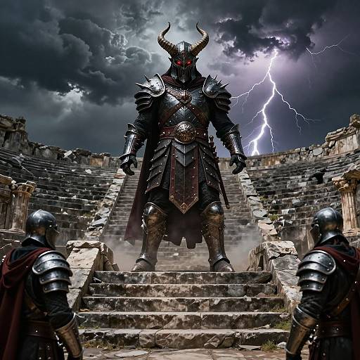 Photorealistic digital art: Dark, horned armored warrior with glowing red eyes stands on ancient stone steps, flanked by two armored guards; dramatic
