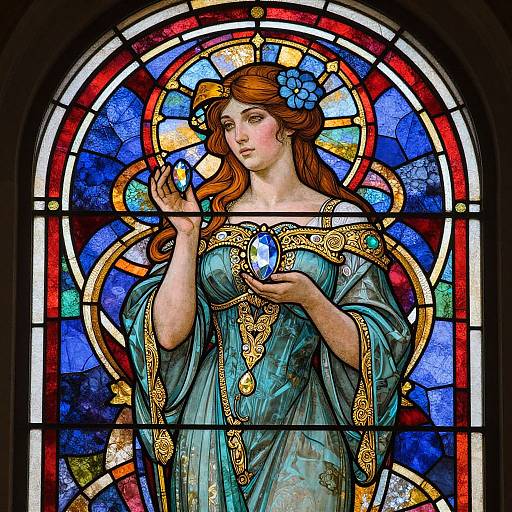 Stained glass window of a red-haired woman with blue flower in hair, wearing teal gown with gold trim, holding a glowing blue orb. Vibrant