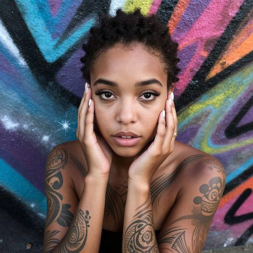Photograph of a young Black woman with curly hair, tattoos on arms, white nails, hands on face, against colorful graffiti background.