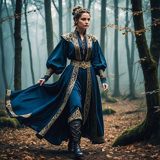 Woman in Medieval Fantasy Robe Walking in Misty Forest