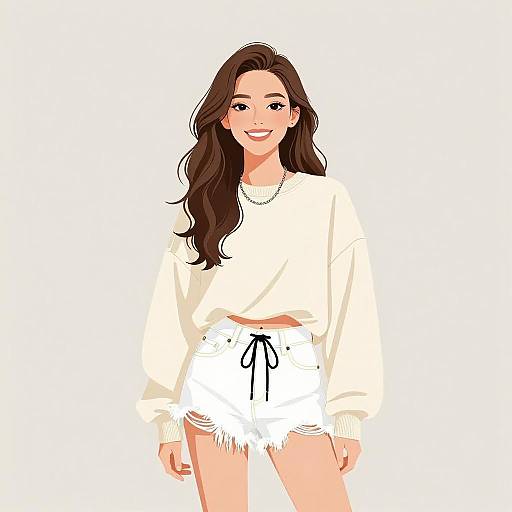Digital illustration of a smiling woman with long brown hair, wearing a white sweater and frayed white shorts, standing against a white background.