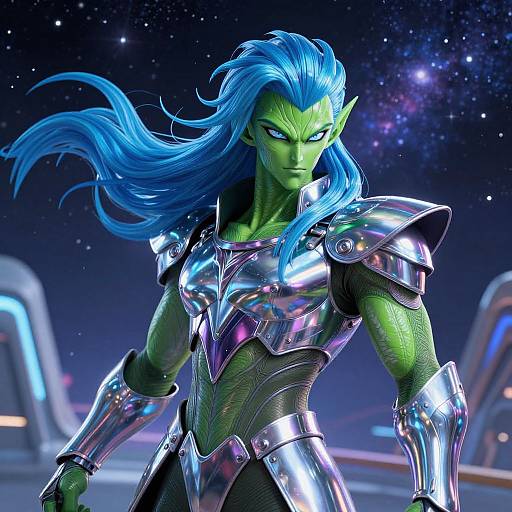 CGI image of a green-skinned, blue-haired female alien warrior in shiny, metallic armor, set against a starry space background.