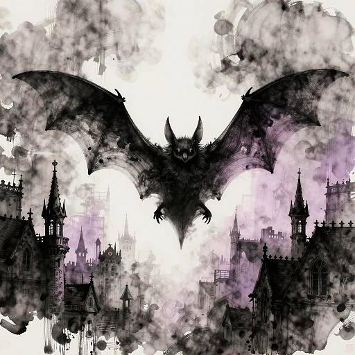 Digital drawing of a black, silhouetted bat with outstretched wings flying over a gothic cityscape with detailed, dark buildings and swirling