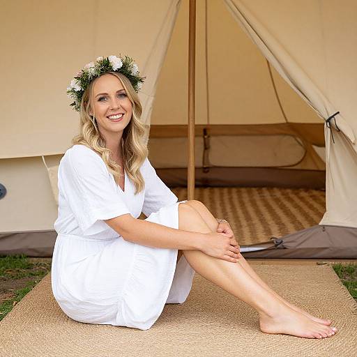 Blonde woman with wavy hair, wearing a white dress and floral crown, smiling, seated outside a beige canvas tent on a woven mat. Phot
