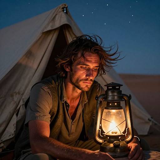 Photograph of a rugged, bearded man with messy hair, illuminated by a glowing lantern in front of a night-time desert tent.
