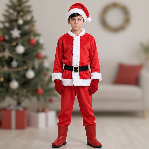 Photograph of a young boy in a red Santa outfit with white trim, black belt, red gloves, and boots, standing in a Christmas-themed living