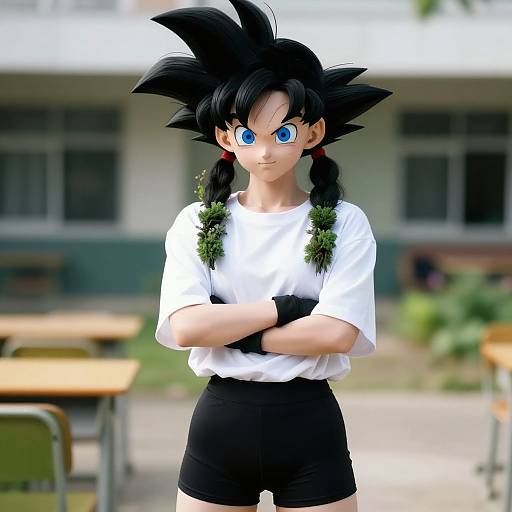 Digital artwork of a female anime character with black spiky hair, blue eyes, white shirt, black shorts, and crossed arms, standing outdoors near school