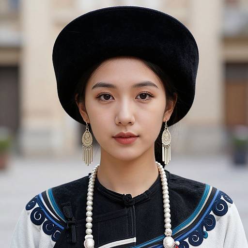 Photograph of an Asian woman with fair skin, wearing a black hat, black and white embroidered top, dangling earrings, and a white bead necklace,