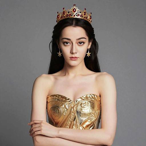 Photograph of a fair-skinned woman with long black hair, wearing a golden, strapless, textured dress, gold star earrings, and an orn