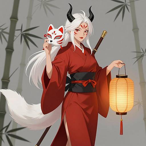 Female Fox Spirit in Kimono with Lantern and Mask