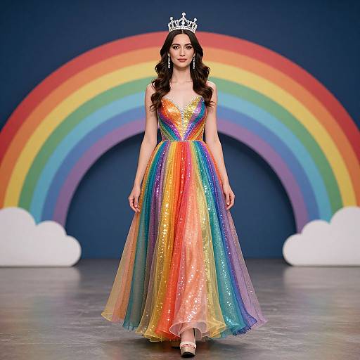 Photograph of a woman with long brown hair, wearing a rainbow-colored, glittery, sleeveless dress and a silver crown, standing in front of