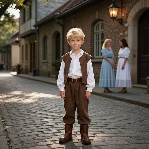 Photograph of a blonde boy in brown vest, white shirt, brown pants, and boots standing on a cobblestone street, with two women in