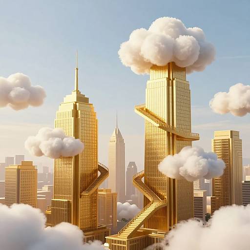 Digital illustration of a futuristic cityscape with golden skyscrapers, spiral walkways, and floating white clouds against a bright blue sky.