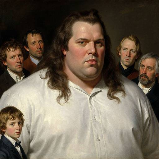 Photorealistic painting of a large, fair-skinned man with long brown hair, wearing a white shirt, surrounded by serious-faced men and a young