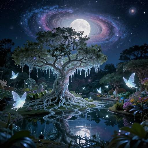 Fantasy artwork of a moonlit night featuring a glowing, icicle-draped tree with roots in a reflective pond, surrounded by luminous blue