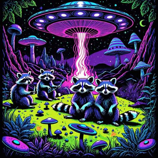 Funky Raccoons in a Trippy 70s Landscape