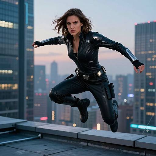 Photograph of a fierce, brown-haired woman in a black leather catsuit, jumping from a rooftop against a twilight city skyline.