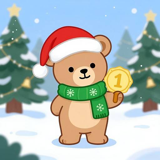 Cartoon teddy bear in Santa hat and green scarf, holding a gold 