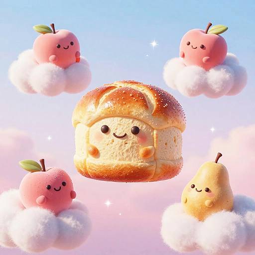 Cute digital illustration of a smiling bread with a golden crust, surrounded by four pink and yellow fruits with faces, floating on fluffy white clouds against a