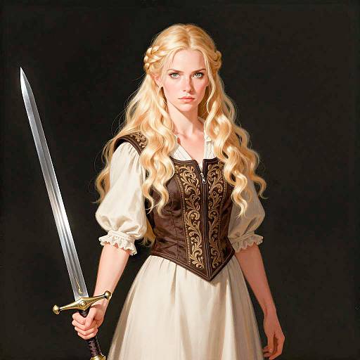 Blonde Woman in Medieval Dress Holding Sword