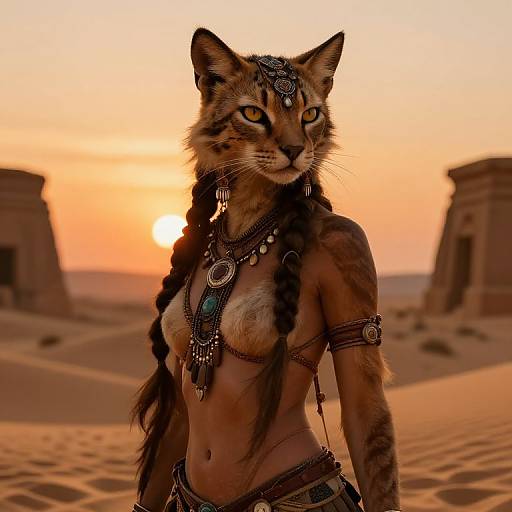 Digital artwork of an anthropomorphic female cat with brown fur, yellow eyes, and black braided hair, adorned in desert jewelry, standing in a sun
