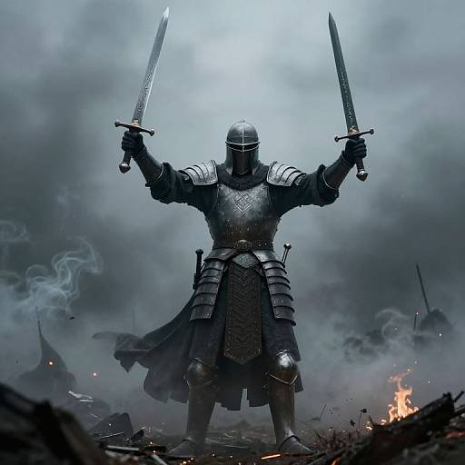 Digital art: Armored knight with helmet, holding two swords, standing triumphantly in smoky, war-torn battlefield with flames and debris.