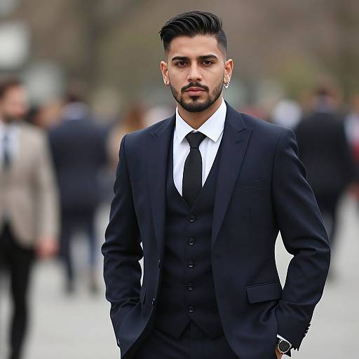 Photograph of a handsome man with dark hair, beard, and earrings, wearing a black three-piece suit and tie, standing confidently in a blurred outdoor