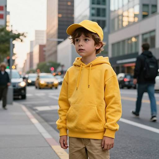 Curious Boy on Vibrant City Street