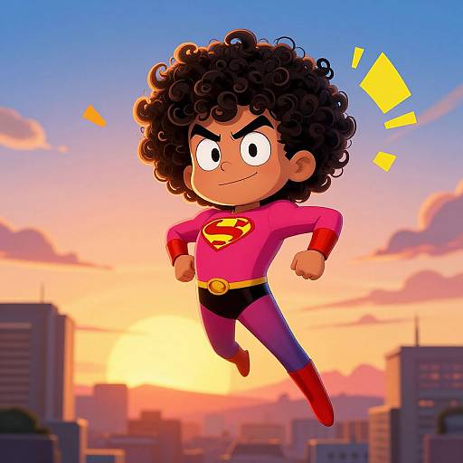 Cartoon-style image of a curly-haired boy in a pink Superman outfit with red boots and yellow 
