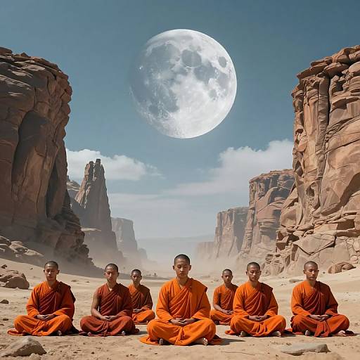 Photograph of six Buddhist monks in orange robes, sitting meditatively in a desert canyon with towering red rock formations and a large, bright full moon