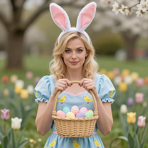Woman in Easter Bunny Costume Holding Basket of Eggs