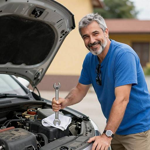 Smiling Middle-Aged Mechanic by Car Hood