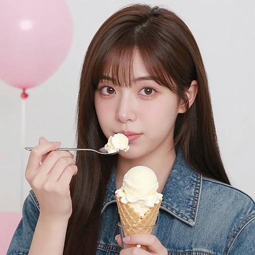 Asian Woman Eating Ice Cream Cone