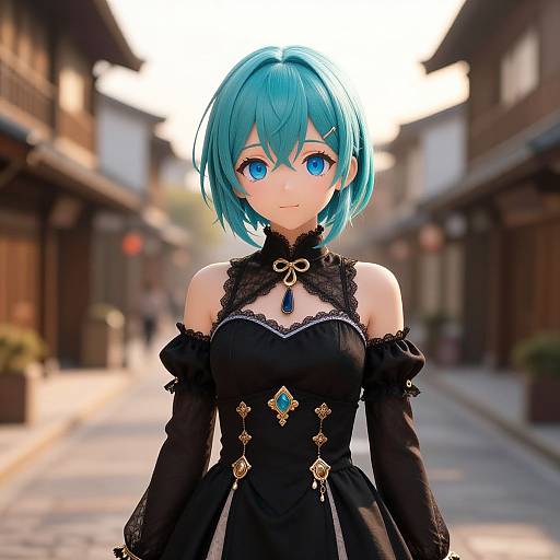Digital anime-style portrait of a blue-eyed, blue-haired girl in a black, gothic-style dress with lace and gem details, standing in a sun