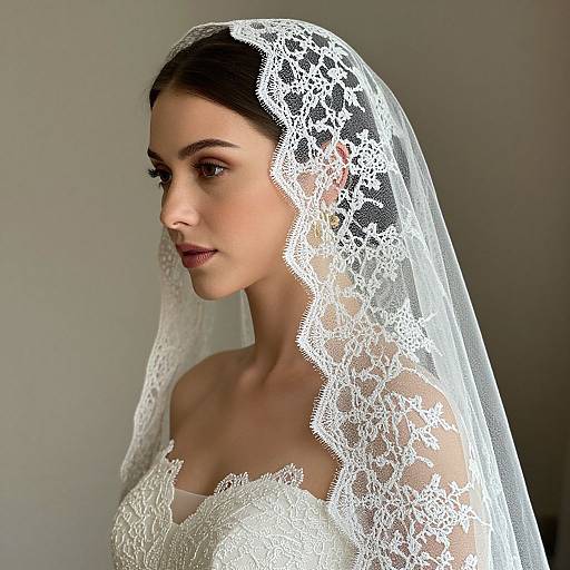 Photograph of a beautiful woman with fair skin, dark hair, and brown eyes, wearing a white lace veil and lace wedding dress, against a plain