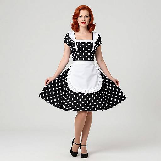 Photograph of a red-haired woman in a black and white polka dot vintage dress with a white apron, black heels, standing against a white
