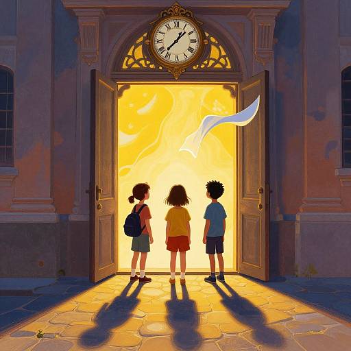 Digital illustration of three children standing before a blazing, golden-lit doorway, casting long shadows. Ornate clock above, white fabric fluttering out.